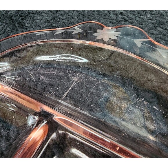 Fostoria Pink Etched Glass 4-Compartment Divided Tray Depression Glass 1920s-50s - Picture 6 of 11